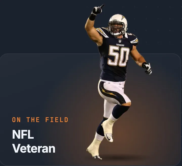 Rick Elmore in his NFL uniform, number 50, celebrating on the field